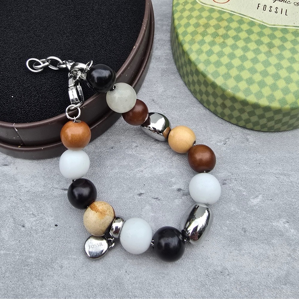 Fossil Beaded Bracelet Stainless Steel Wood Stone Adjustable Songbird Tin